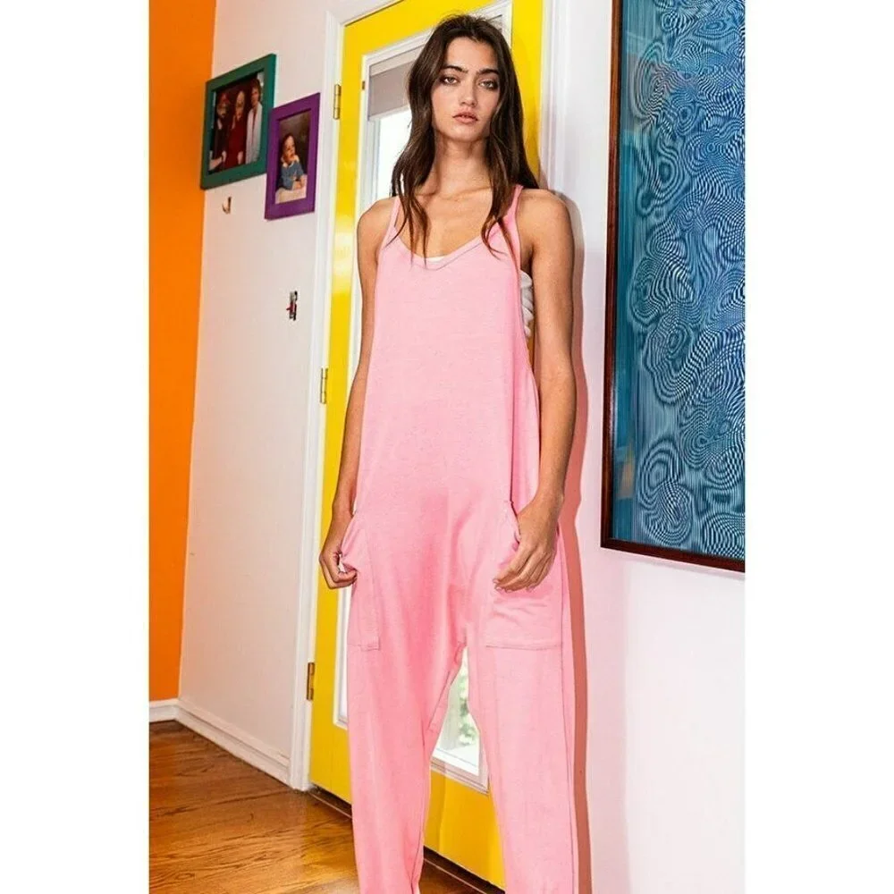 Hot for Harem Drop Crotch Jumpsuit in Neon Pink